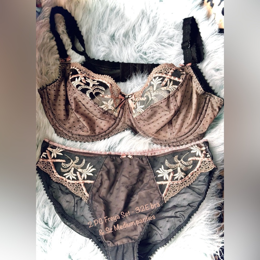 2 PC Freya Lingerie Set, Black & Pink 32E Bra & Matching Brief Panty, SMAlL
